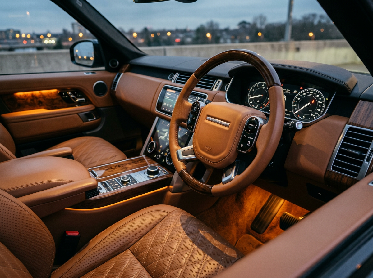 Tan leather interior with wood-grain accents and dial gauges