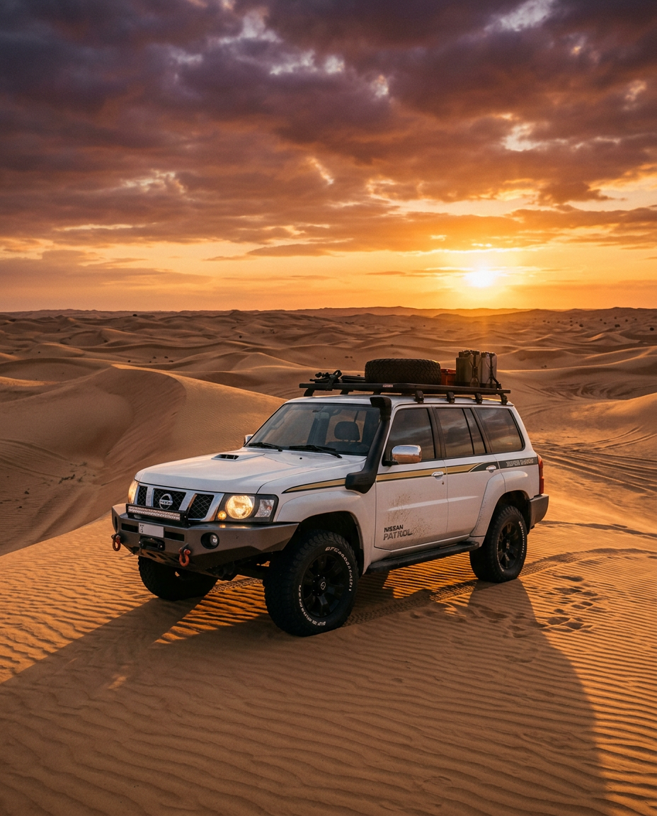 Nissan Patrol Super Safari on golden desert dunes at sunset
